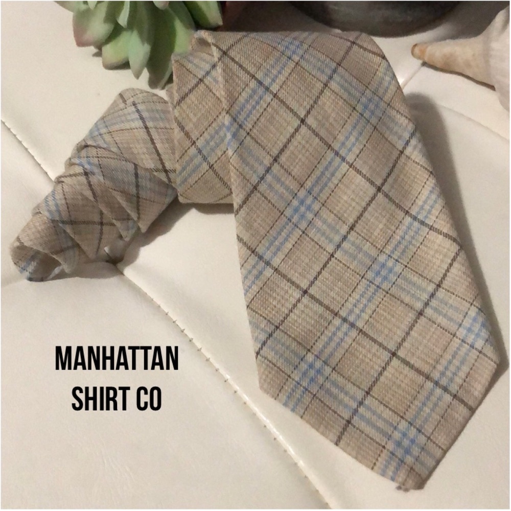 Manhattan Shirt Co Cloth Tie-Plaid-Beige/Blue-EUC